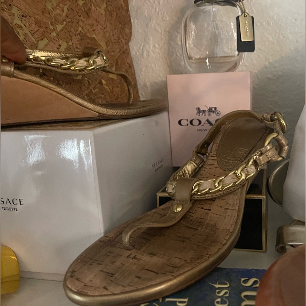 Coach Gold T-Strap Sandals Open Toe Wedge with Metallic Embellishments
